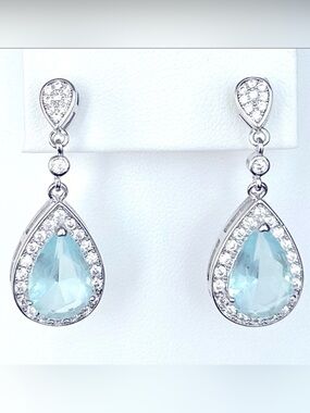 Aquamarine CZ Silver Dangle Earrings